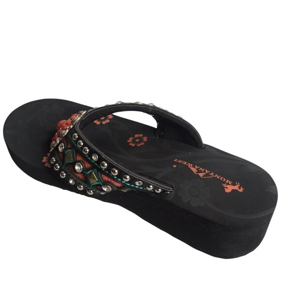 Montana West Shoes Womens Size 8 Black Wedge Flip Flop Sandals Rhinestone - Picture 5 of 10
